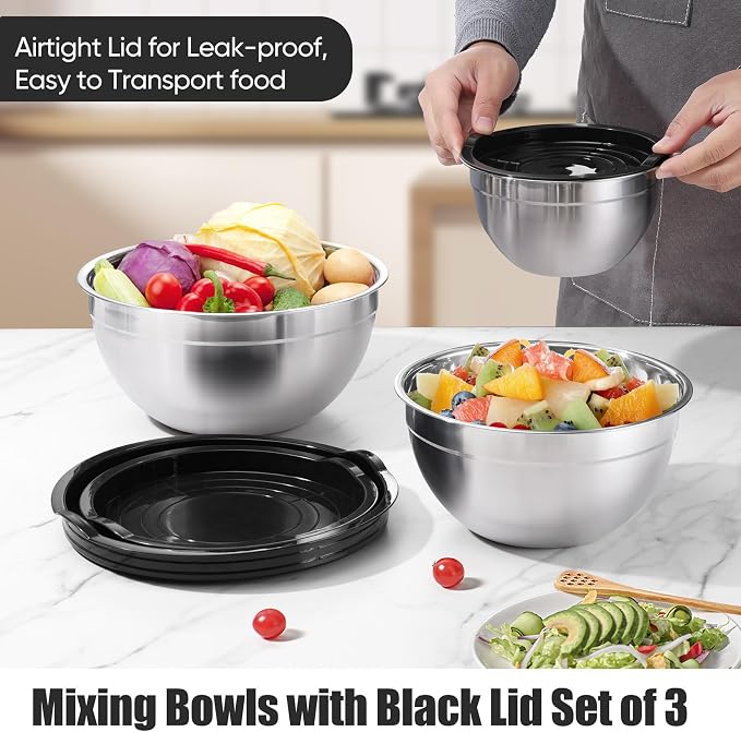 P&P CHEF Stainless Steel Mixing Bowls with Lids, Set of 3, Black | Nesting Salad Bowl, Sturdy& Rust Proof, Airtight & Stackable, Suit for Mixing, Storing, Prepping, 3 Size - 4.6/3 /1.5 QT