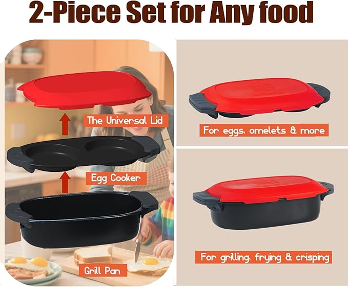 MKYSAIL Quick-Heat Microwave Egg Cooker and 33 OZ Microwave Grill Combo | 2-Piece Breakfast Maker Set for Grilling,Crisping,Bacon,Pancakes & Veggies,Dishwasher Safe,Non-Stick for RV, Dorm, Gift(Red)