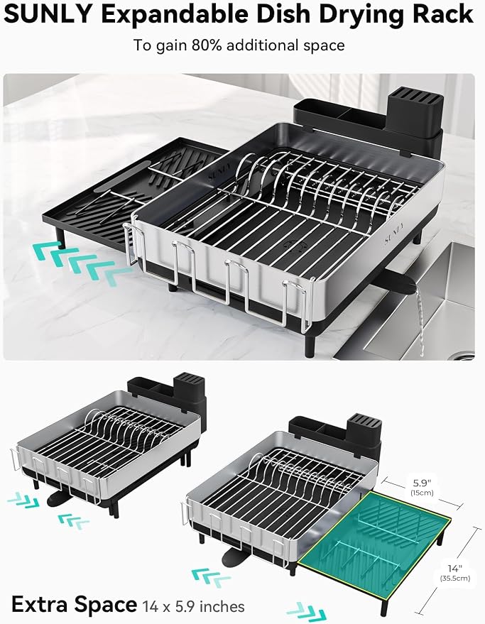 Large Dish Drying Rack, Expandable Dish Racks for Kitchen Counter, Space Saving 304 Stainless Steel Drying Rack Kitchen, Extra Large Drainer with Multifunctional Flip Up Pegs, Black