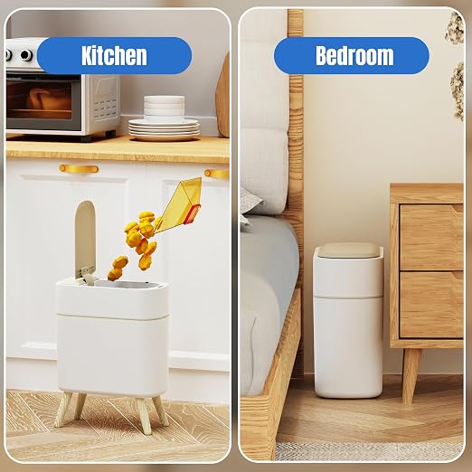 Yatmung 2 Pack - Motion Sensor Trash Can with Lid - Slim Smart Garbage Can | Waste Basket for Bedroom, Office, Kitchen, Living Room - Automatic Trash Can Bathroom Touchless - White with Wooden Legs
