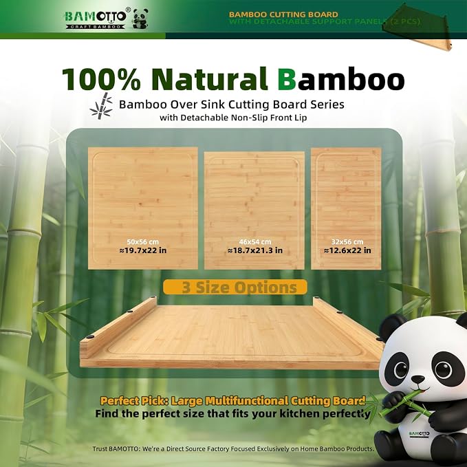 BAMOTTO CRAFTBAMBOO 18.1x21.3 Inch Large Bamboo Cutting Board | 2 Detachable Support Panels | Reversible Juice Grooves | Stovetop & Dishwasher Cover | Over Sink | Tray and Carving Board
