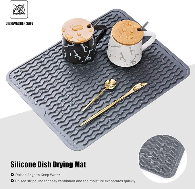 Silicone Dish Drying Mat, Non-Slip Easy Clean Sink Mat, White, 17" x 14" | Quick-Dry Ridges, Large Heat-resistant Dish Drainer Mat for Kitchen Counter, Hangable & Roll-Up for Storage, Dishwasher Safe