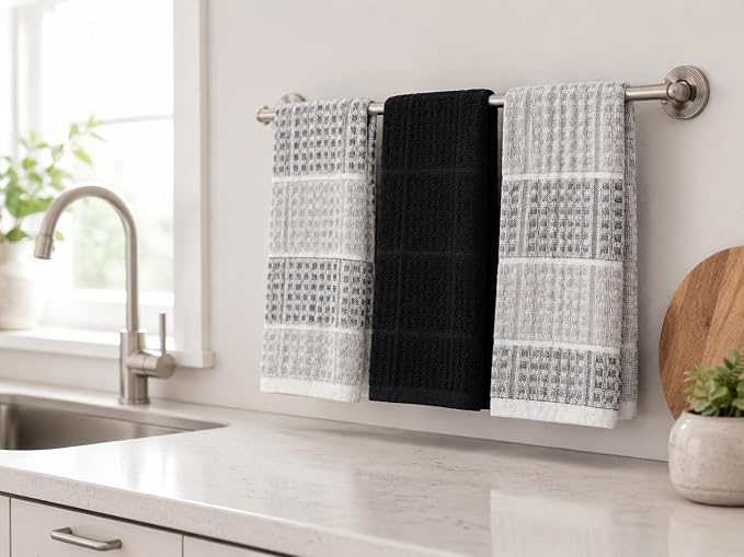 Black Gray Kitchen Dish Towels- Set of 3 100% Cotton Cloth Soft Cleaning Drying Absorbent Textured Honeycomb Weave- Oversized 28" x 18" Multipurpose Towels for Everyday Use