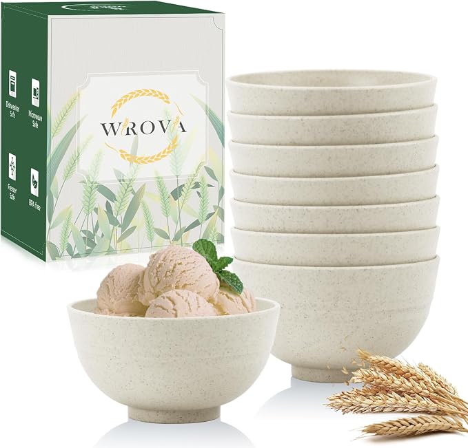Wrova wheat straw dessert bowls 10oz set of 8 - Unbreakable snack Bowls for kids - Mini Bowls for Ice Cream,Snack and Fruits - Microwave & Dishwasher Safe Appetizer Bowl Sets - Beige