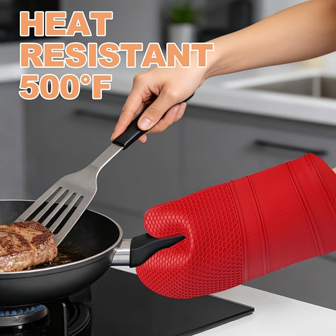 YUTAT Silicone Oven Mitts,Heat Resistant 2PCS Oven Mitts with Soft Polyester Filling,Kitchen Potholder Set - Perfect for BBQ, Baking and Cooking,RED,2 Pcs Set