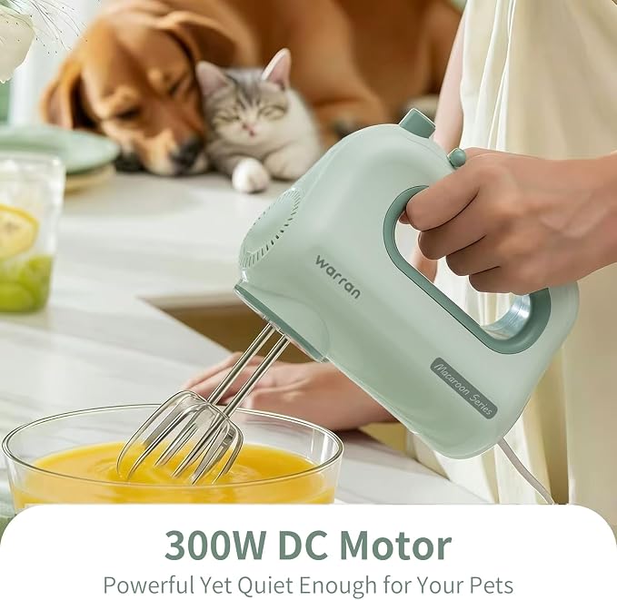 300W Compact Lightweight Electric Hand Mixer, with Powerful Quiet DC Motor for Baking, Cake, Brownies, Cookie Dough, Ideal for Home Kitchen (Green)