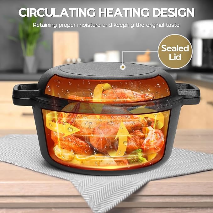 TeamFar 5qt Dutch Oven, Pre-seasoned Cast Iron for Bread Baking, Black | 2-in-1 Bread Pan with Skillet Lid, Oven & Stovetop Safe for Baking Frying Stewing Grilling, Home Use Or Outdoor Camping