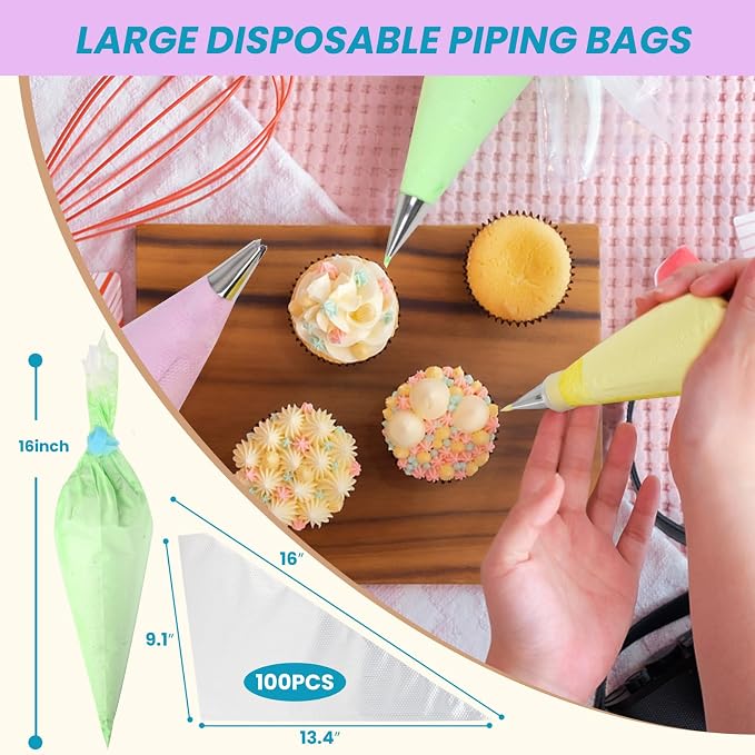 firstake Disposable Piping Bags 100pcs, 16 Inch Large Pastry Bags for Cake | Burst-Resistant Thickened, Food Grade Clear PE, Non-Slip Grip, Fewer Refills, Tipless for Frosting, Cookies, Royal Icing