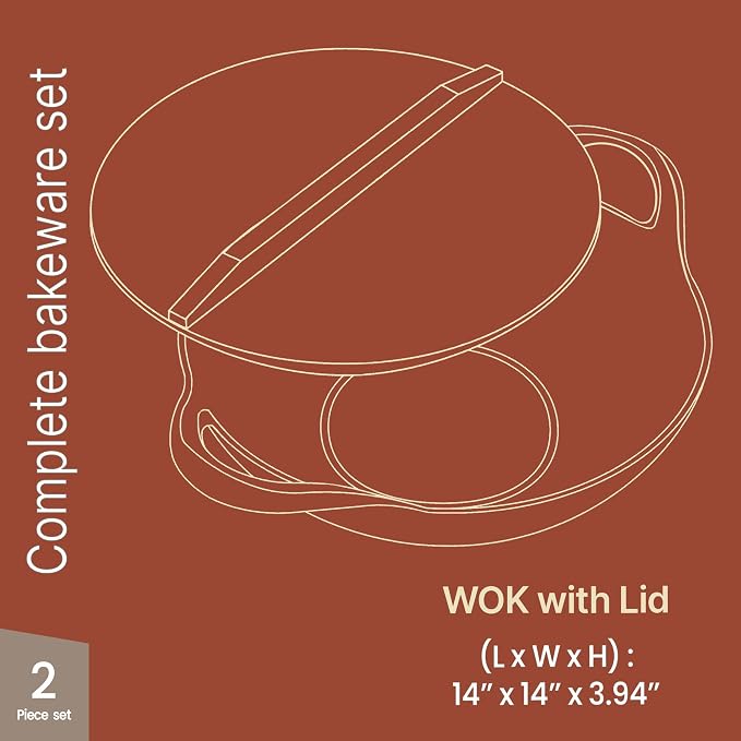Bakken Pre-Seasoned Cast Iron Wok with Wooden Lid, 14" Stir Fry Pan for Gas, Electric, Induction & Open Fir, Heavy-Duty Flat Bottom Wok with Dual Handles for Even Heating & High-Heat Cooking, 8.8 lbs