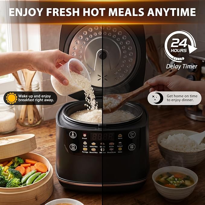 Portable Digital Rice Cooker, 6-Cup (Uncooked)/12-Cup (Cooked) Small Rice Maker with Steaming Basket, Mini Rice Cooker with 2L Removable Nonstick Inner Pot, 10 Menu Options, Auto Keep Warm, 24 Hour Delay Timer (Black)