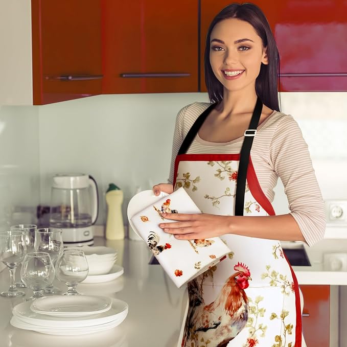 7 Pcs Rooster Kitchen Linen Set Includes Apron 2 Towels Oven Mitt 2 Pot Holders Country Farmhouse Kitchen Decor Gift