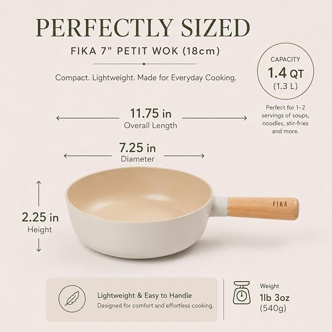 FIKA Small 7-Inch Deep Ceramic Coated Wok Pan, Nonstick Stir Fry & Soup Pan with Natural Wooden Handle, Induction Compatible for All Stovetops, Made in Korea (18cm)