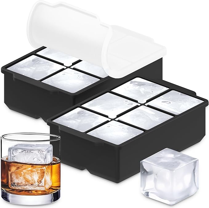 KitchFort® Large Silicone Ice Cube Tray (2-Pack) - 2" Big Ice Mold with Lid | Easy Release, Cocktail, Whiskey Ice Cubes Mold - Food Grade - Ice Cube Trays for Freezer - Stackable Silicone Ice Tray