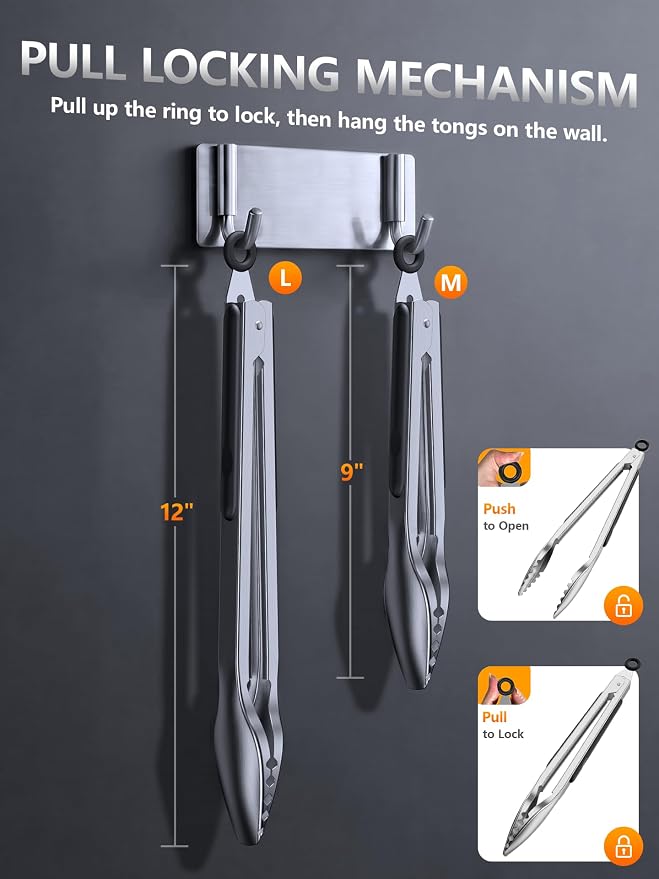 Kitchen Tongs with Teeth for Strong Gripping, 9 and 12-Inch, Black | 5-Layer Heavy Duty Stainless Steel, Good Gripping Teeth Prevent Loss of Food Into The Pot, Pull Lock, Dishwasher Safe, 1500 ℉