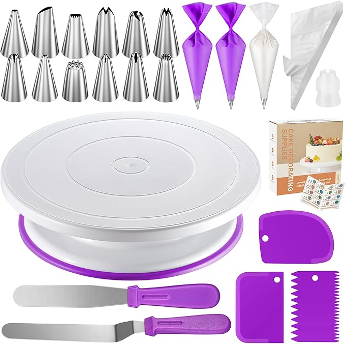 Kootek 71 Cake Decorating Kit Baking Supplies Tools for Beginners & Pros | Cake Stand Turntable, Icing Piping Tips, Disposable Reusable Pastry Bag, Spatulas, Video Tutorial, Pattern Chart