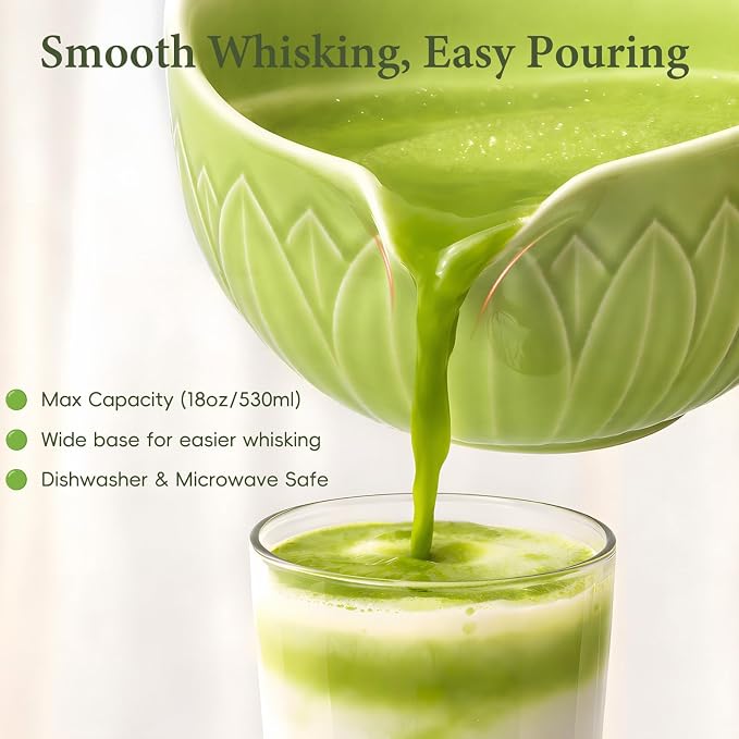 Matcha Whisk Set, Ceramic Matcha Set Includes Bowl & Holder, Bamboo Whisk (Chasen), Scoop, Spoon and Sifter, 6Pcs Matcha Kit Covers Everything Needed for Making Matcha (Leaf Green)