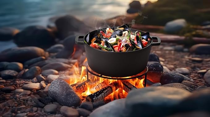 TeamFar 5qt Dutch Oven, Pre-seasoned Cast Iron for Bread Baking, Black | 2-in-1 Bread Pan with Skillet Lid, Oven & Stovetop Safe for Baking Frying Stewing Grilling, Home Use Or Outdoor Camping