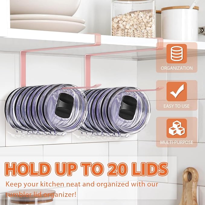 2 Pack Tumbler Lid Organizer, Versatile Tumbler Storage Holds 20 Lids Pink | Space Saving Cup Lid Organizers Inside Cabinet Tumbler Lid Hook for Kitchen Organizer and Storage, Paper Towel Rack Hanger