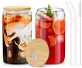 Glass Cups with Lids and Straws - 16 oz Glass Drinking Cups Set for Coffee | Glass Cups with Bamboo Lids, Iced Coffee Cup, Home Essential, Coffee Bar Accessories, Glass Tumbler, Reusable, 2 Pack
