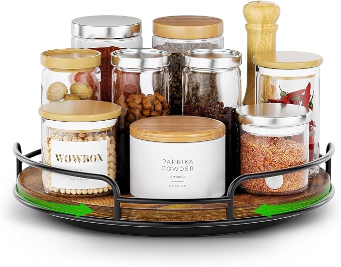 WOWBOX 9" Wood Lazy Susan Turntable Organizer for Cabinet, Pantry & Counter | Smooth 360° Rotation, Space-Saving Wooden Organizer for Spice Jars, Kitchen, Bathroom, Vanity & Tabletop