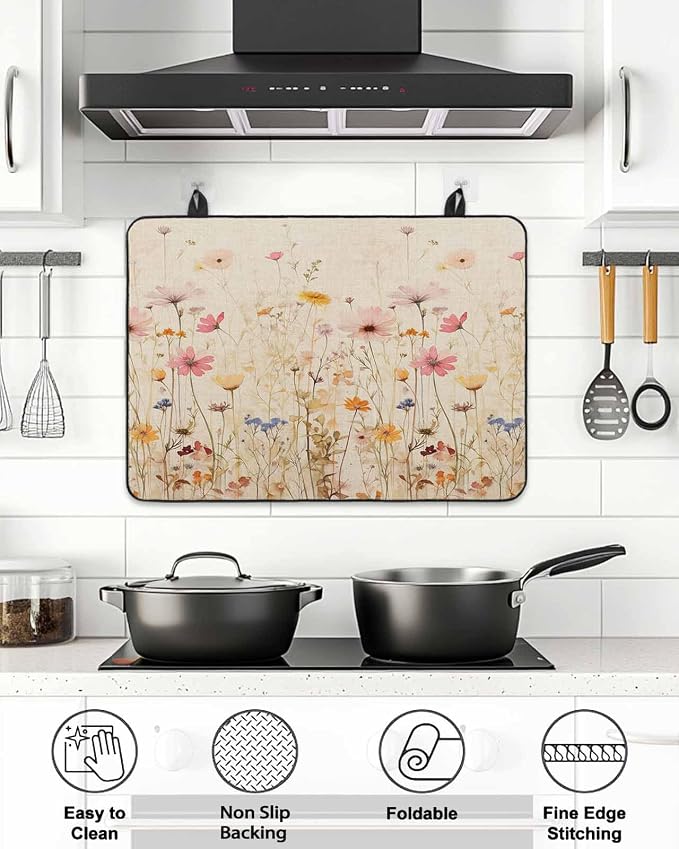 Stove Top Covers for Electric Stove 31x24 Inches, Botanical Flower HeatResistant Glass Cooktop Protector, Retro Colorful Spring Vintage Floral Ceramic Stovetop Countertop Covers Mat, Oven Cover