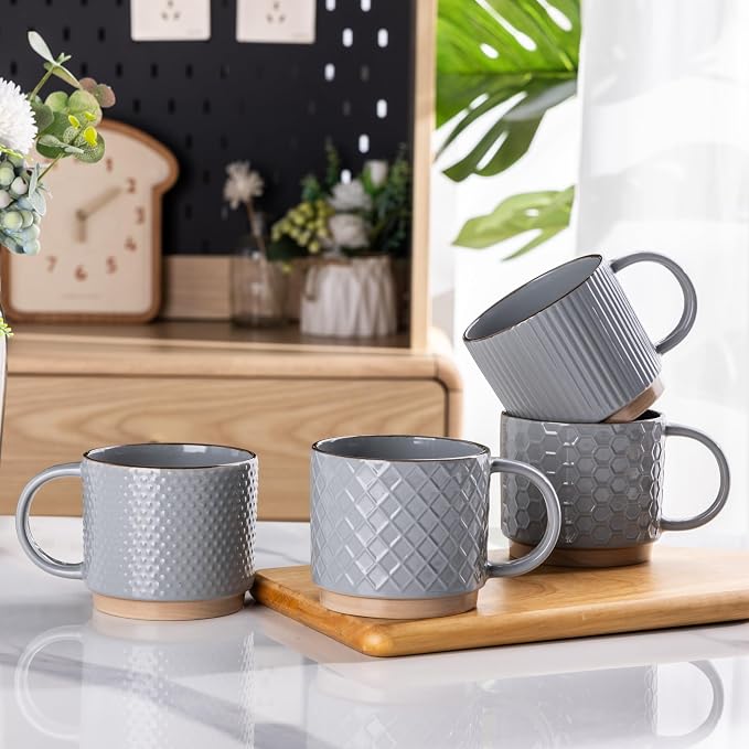 GBhome 15 OZ Stackable Coffee Mugs Set of 4, Ceramic Coffee Cups Set | 4 Assorted Designs, Embossed Mugs with Texture Patterns for Tea/Coffee, Dishwasher&Microwave Safe, Gray
