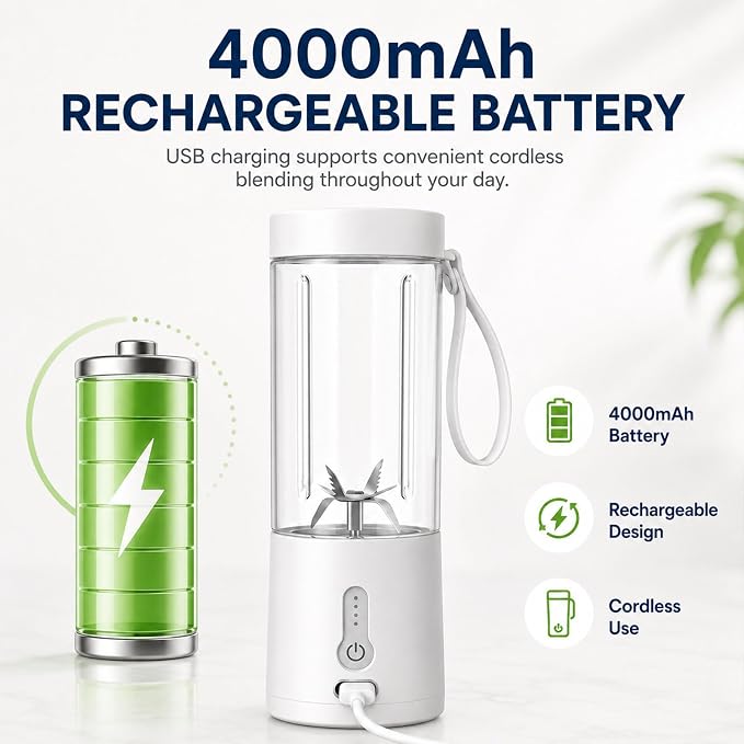 Portable Blender, Personal Cordless Juicer Cup, USB Rechargeable Ideal for Shakes & Smoothies,Ice Blending,Juicing, Mini Blender for Travel Sports Outgoing Office Gym Camping