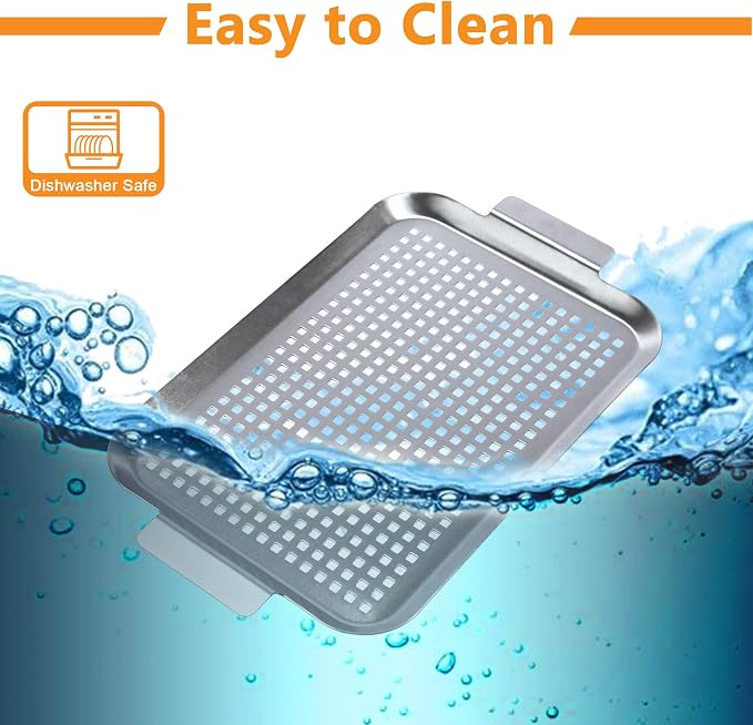 Grill Pan Set of 2, BBQ Grill Topper for Outdoor Grill, Middle | Stainless Steel Grilling Baskets with Holes and Handles, Perforated Food Tray Barbecue Accessories for Vegetable, Fish