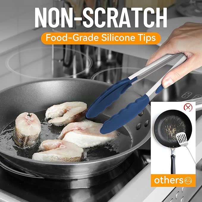 Hotec Silicone Serving Tongs for Cooking 9-Inch Kitchen Tongs with Silicone Tips, Set of 3 (Gradient Blue)