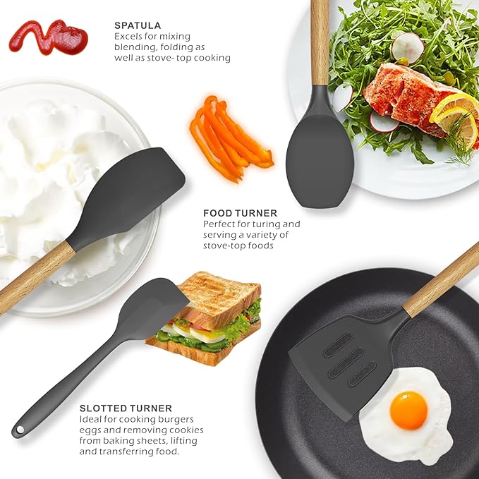 oannao Silicone Cooking Utensils Kitchen Utensil Set - 446°F Heat Resistant Silicone Kitchen Utensils Set, Spatula,Turner Tongs, Spoon, Whisk,Kitchen Gadgets for Nonstick Cookware, BPA Free (Gray)