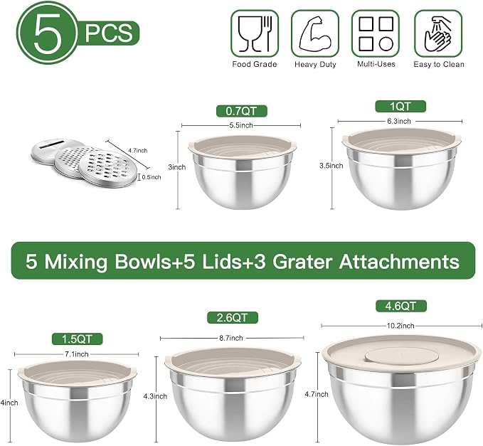 TeamFar Mixing Bowls with Lids, 5PCS Stainless Steel Metal Salad Bowl | with lids & 3 Grater Attachments, for Cooking/Prepping/Serving, Airtight Lids & Easy Clean - 0.7/1/1.5/2.6/4.6QT, Khaki