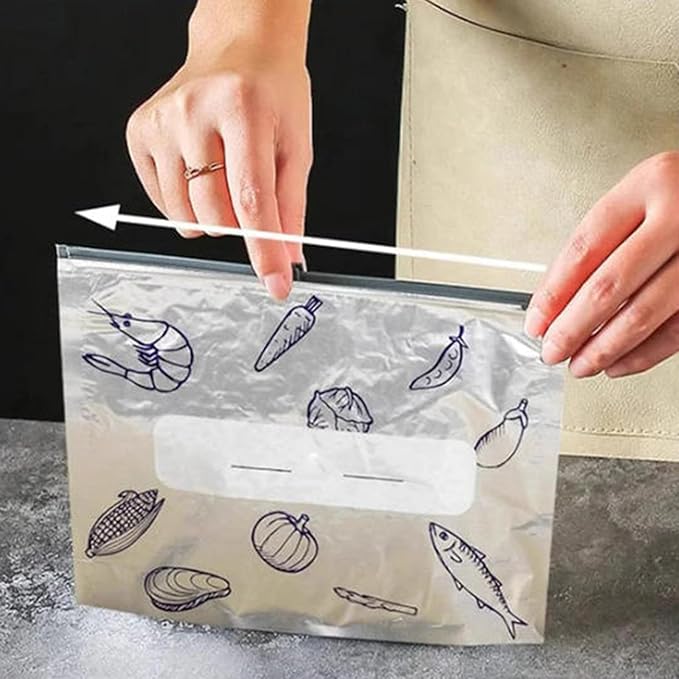Reusable Aluminum Foil Sealable Storage Bags, 2025 New Resealable Vacuum Zipper Pouches for Food, Stand Up Foil Sealable Bags with Label and Zip Lock for Vegetable Fruit Meat (10PCS, Large)