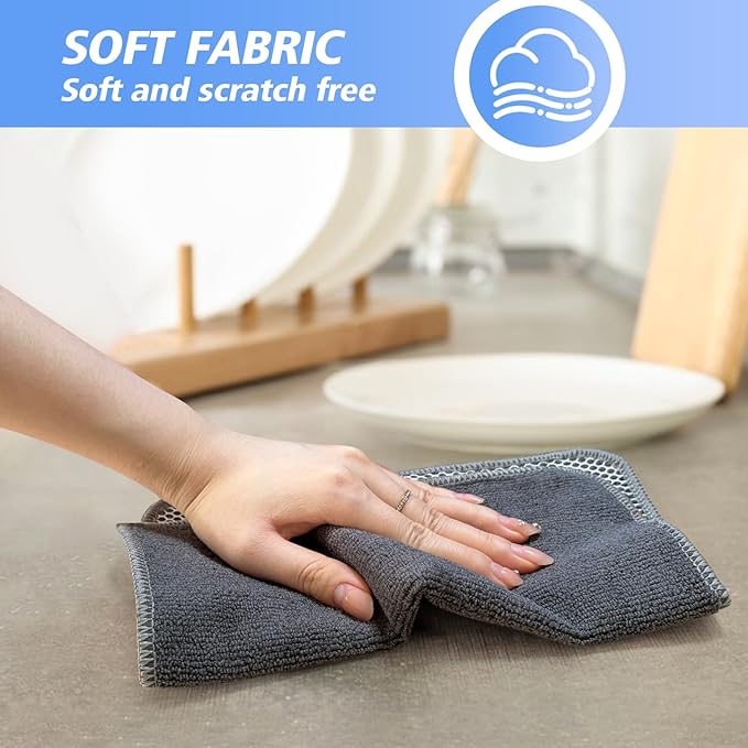 Kitchen Dish Washcloths Microfiber Gray with Poly Scour Scrub Side | Absorbent dish cloths for washing dishes with scrubber side Quick dry kitchen wash cloths and dish rags 9 Pack 10 Inch Gray