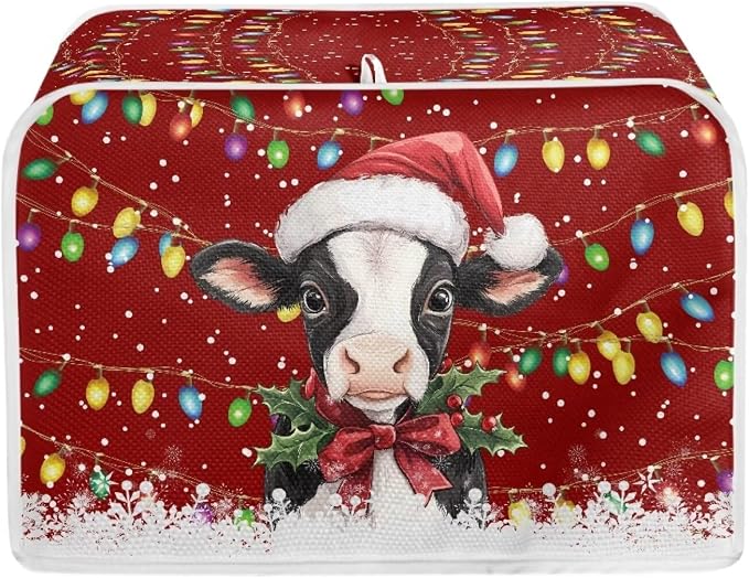 Christmas Cow Print Toaster Cover 2 Slice Bread Toaster Oven Dustproof Cover, Waterproof Kitchen Small Appliance Cover Table Home Kitchen Xmas Decor