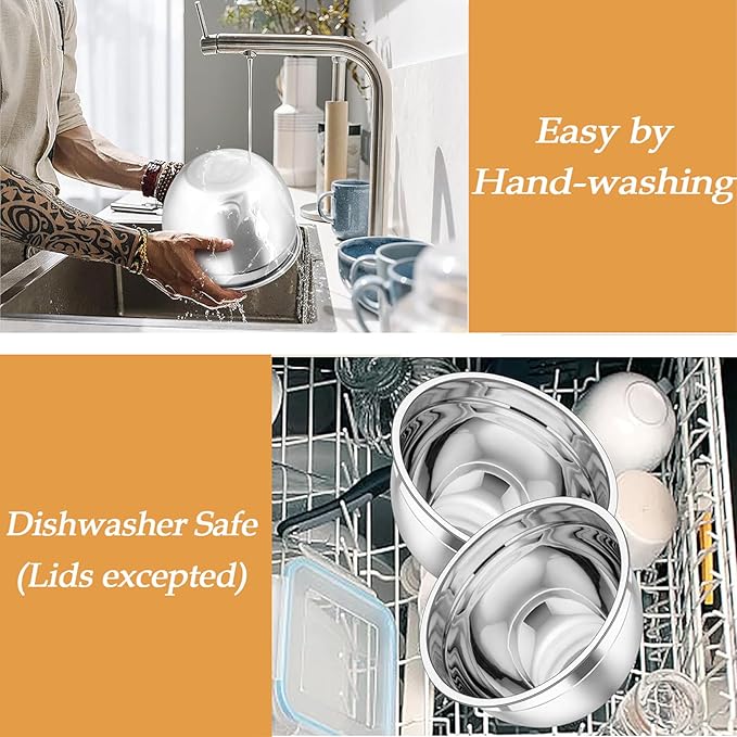 TeamFar Mixing Bowls, Stainless Steel Nesting Salad Bowls Set | Mixing Bowls with Lids & 3 Grater Attachments, For Mixing/Serving/Storing, Non-toxic & Long-lasting, 4.6/3/1.5 QT, Khaki