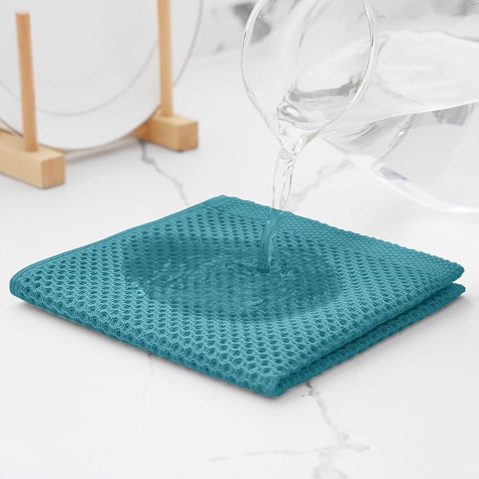 Kitinjoy 100% Cotton Waffle 6-Pack Kitchen Towels, 12" x 12", Lake Blue | Ultra Absorbent, Super Soft, lightweight, Quick Drying Dish Rags for Washing Dishes
