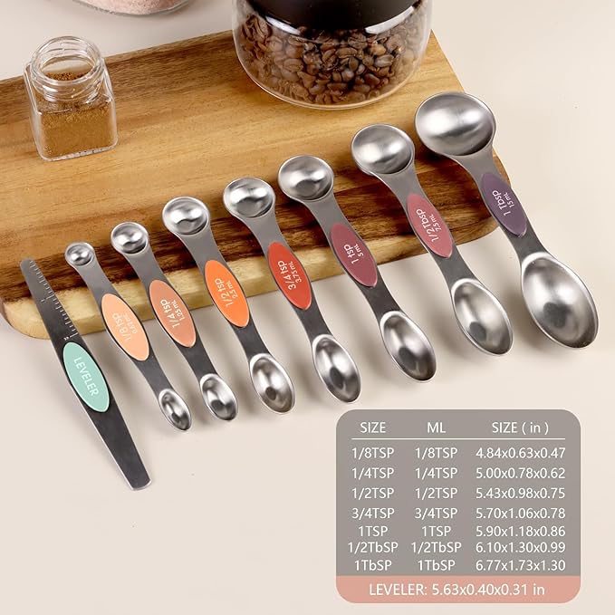 ChefAide Pack of 8 Stainless Steel Magnetic Measuring Spoons Set, Dual Sided, Stackable, Adjustable Teaspoon and Tablespoon Measure Spoon with Leveler, Kitchen Gadgets