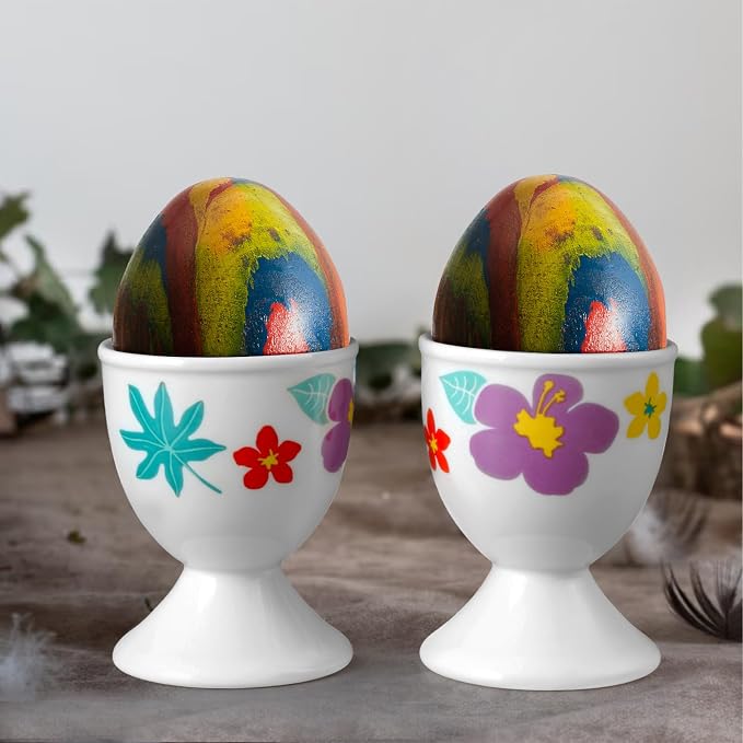 Cinf Easter Ceramic Egg Cups, Set of 2, Hawaii Flower Egg Holders | 2-piece ceramic egg cup set, festive floral design, easy to clean, perfect for boiled eggs, breakfast and Easter tables