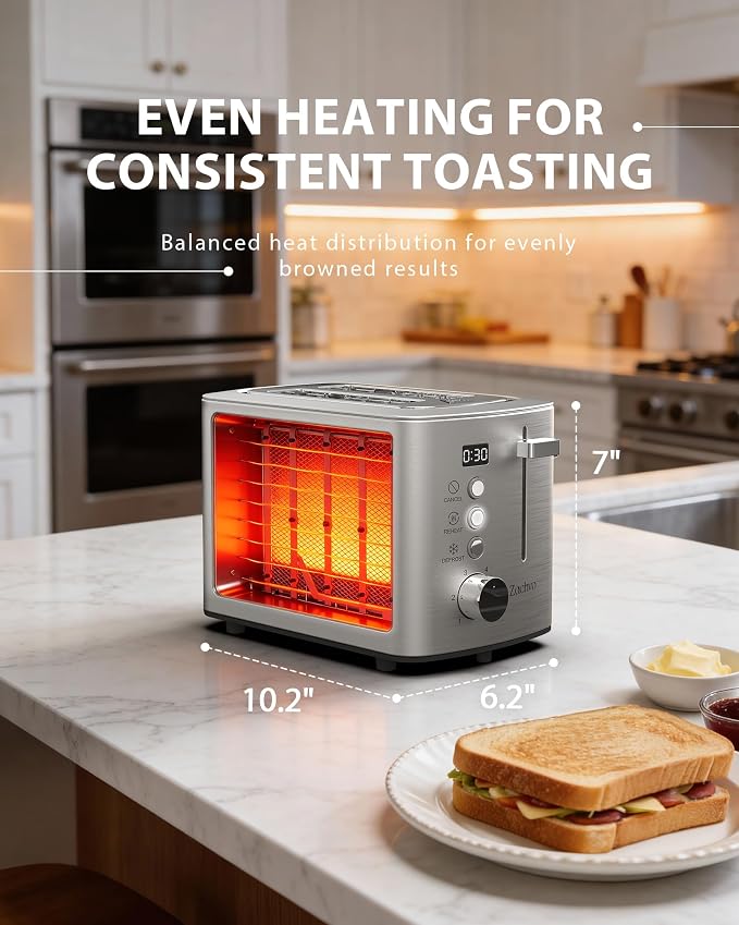 2 Slice Toaster with Countdown Timer, Wide Slots Fits Thick Bread & Bagel | 6 Browning Levels, Defrost, Reheat & Cancel, Removable Crumb Tray, Compact Design for Everyday Breakfast