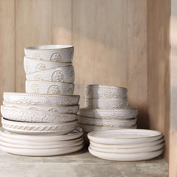 Pasta Bowls, 50oz Large Salad Serving Bowls, 9.75'' Plates Bowls Set of 4, Big White Ceramic Soup Bowls for Kitchen, Embossment Shallow Dinner Bowl, Microwave Dishwasher Safe, Pinwheel Flower