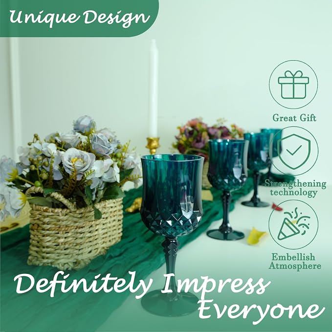 24Pack Plastic Wine Glasses, 7oz Vintage Goblets for Wedding | Unbreakable Crystal Style Reusable Stemware, Elegant Dark Green Drinking Glass for Party Anniversary & Holiday Celebration