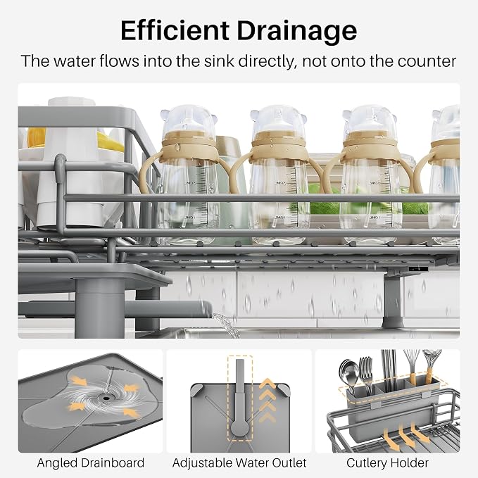 SNTD Expandable Dish Drying Rack for Kitchen Counter, Stainless Steel, Grey | Foldable Over Sink, Large Capacity, Adjust to Fit Most Sinks, Angled Drainboard, Removable Utensil Holder, Slip Resistant
