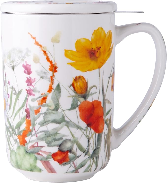 AmorArc Tea Cup With Infuser and Lid, 18oz Loose Leaf Tea Mug With Steeper | Porcelain Tea Mug With Infuser and Lid, Large Strainer Tea Cup with Lid for Tea, Coffee Mug for House-warming Birthday Gift