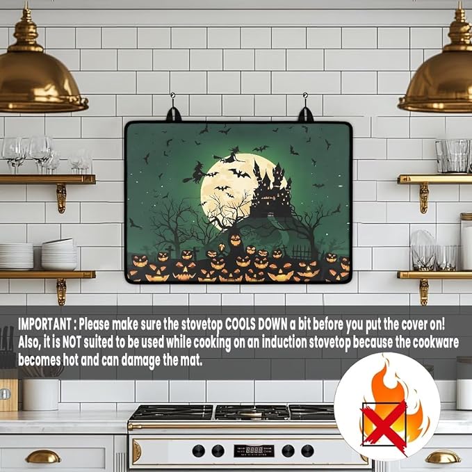Halloween Castle Stove Top Cover for Electric Stove(30 x21 Inches), Insulation Counter Tops Cover, Heat Resistant Glass Cooktop Protector, Folding Dish Drying Mats for Kitchen