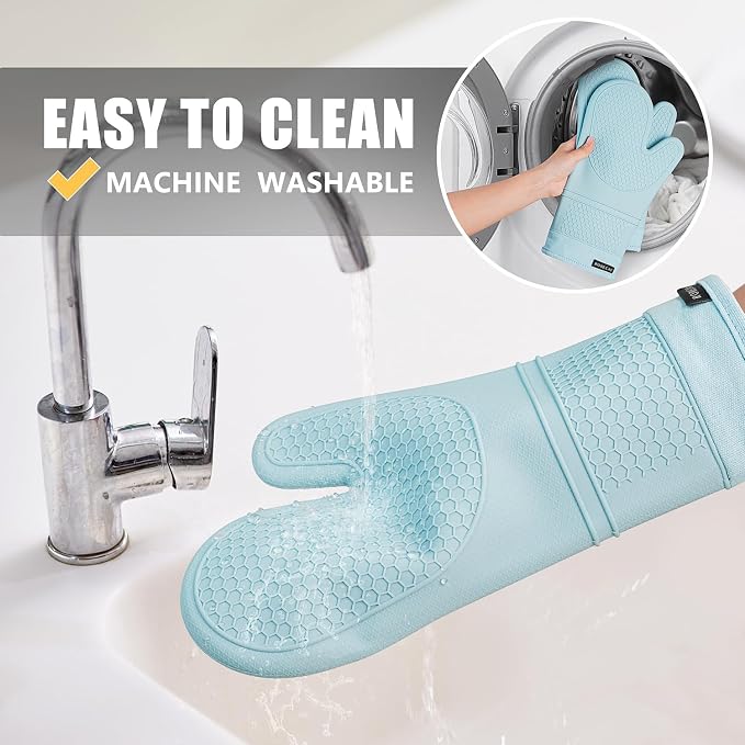 RORECAY Silicone Oven Mitts and Pot Holders Sets, Kitchen Gloves, Sky Blue | Set of 6 Kitchen Mitts for Baking & Cooking, Heat Resistant 500 ℉, 12.7" Extra Long, Non-Slip & Waterproof, Quilted Cotton