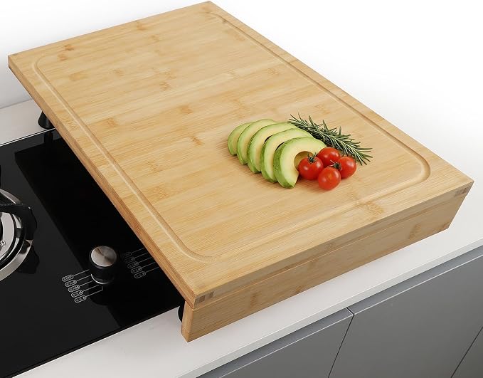 BAMOTTO CRAFTBAMBOO 16 x 22 Inch Bamboo Cutting Board Stovetop Cover | Detachable Support Legs | Detachable Front Lip | Over-the-Sink Board | RV Camper and Home Kitchen