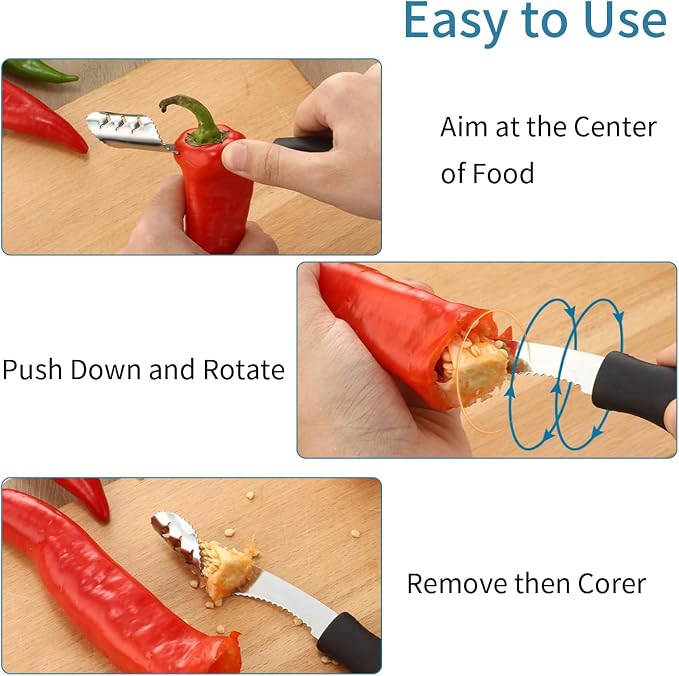 2Pcs Jalapeno Pepper Corer Zucchini Cucumber Corer Tool with Serrated Slice & Rubber Handle Stainless Steel Pepper Seed Remover for Kitchen Deseeder or Slice off Vegetables Tops