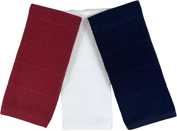 Patriotic Red White Navy Blue Kitchen Hand Dish Towels Oversized 28"x18" Nautical 100% Cotton Cloth Soft Cleaning Drying Absorbent Textured Design 3 Pc Multipurpose for Everyday Use Summer 4th of July