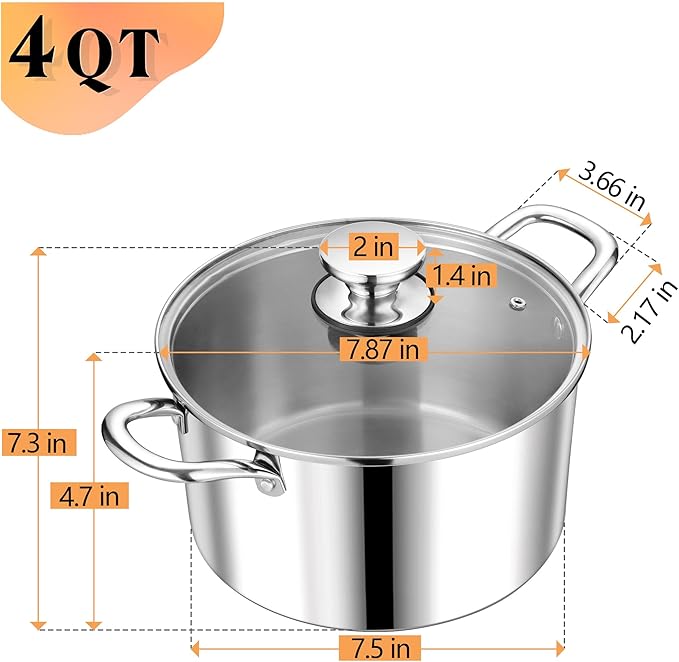 P&P CHEF 4 Quart Tri-Ply Stainless Steel Stock Pot, Cooking Pot with Lid | 4 Qt Stockpot for Soup Pasta Vegetable, Induction Cookware for All Stoves, Sturdy & Double Handle, Oven & Dishwasher Safe