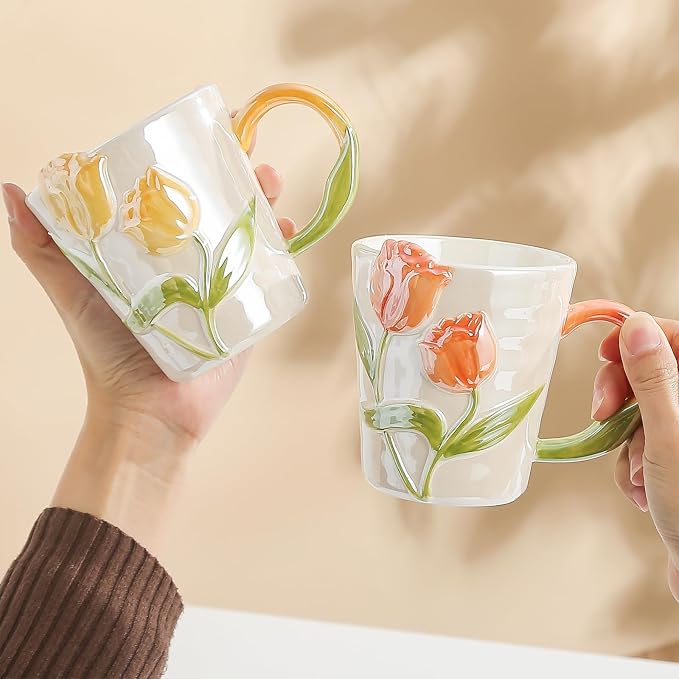 Hand Drawn Ceramic Coffee Mug 11.8Oz, Personalized Cute Tea Cup for Women, Unique Gift for Mom Wife Best Friend, Home Office Use, Orange Color